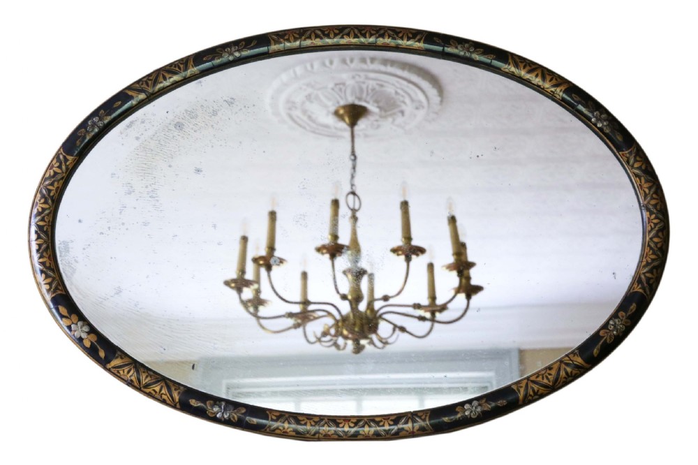 Antique large quality decorated black lacquer oval wall overmantle mirror C1915