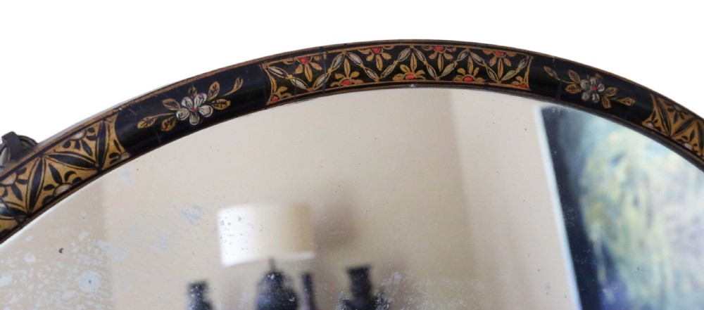 Antique large quality decorated black lacquer oval wall overmantle mirror C1915 View II