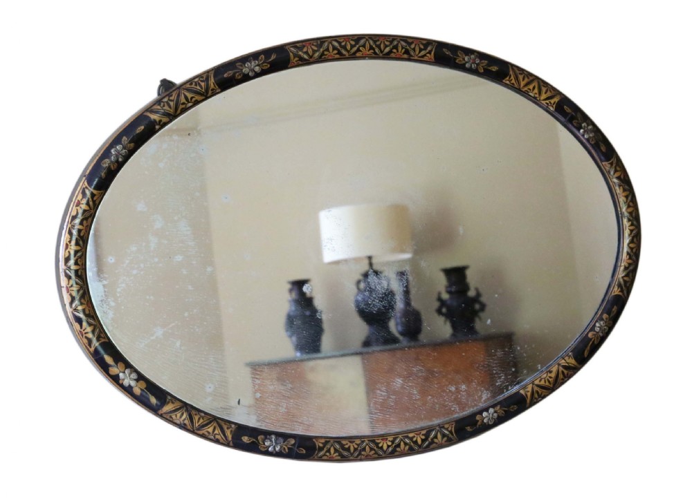 Antique large quality decorated black lacquer oval wall overmantle mirror C1915 View III