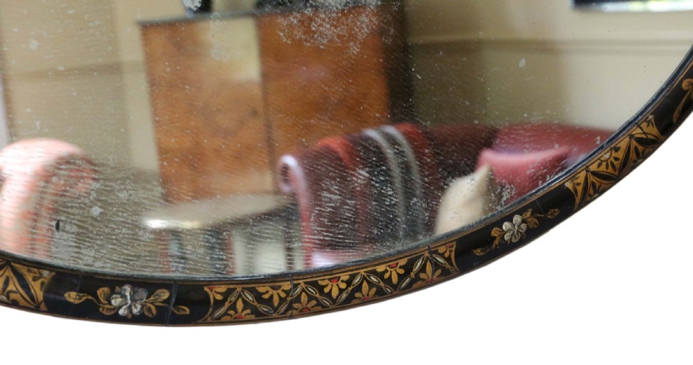 Antique large quality decorated black lacquer oval wall overmantle mirror C1915 View IV