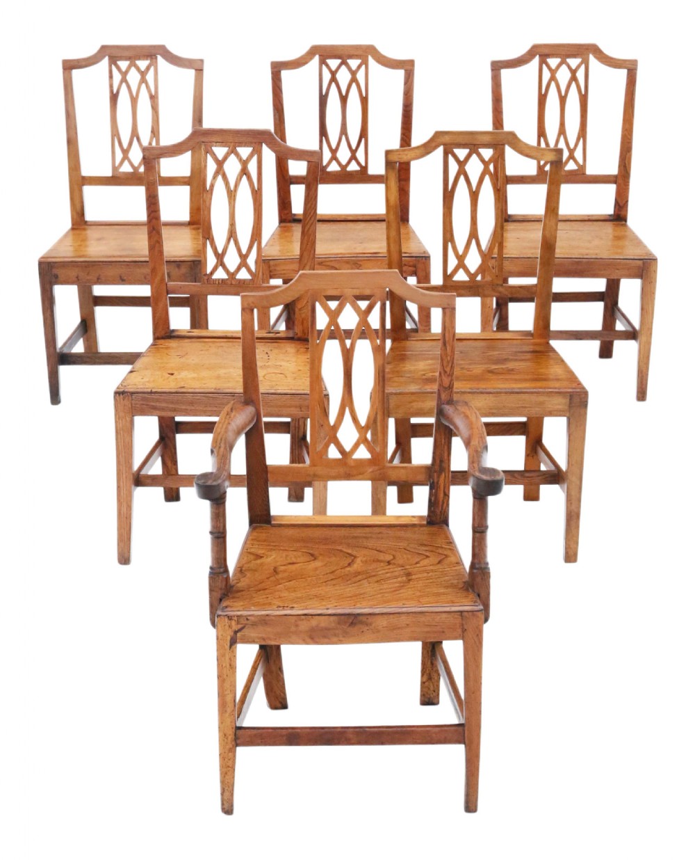 A set of six 19th-century elm dining chairs featuring lattice-carved back splats, wooden panel seats, and sturdy stretchers, including five side chairs and one carver armchair. View II