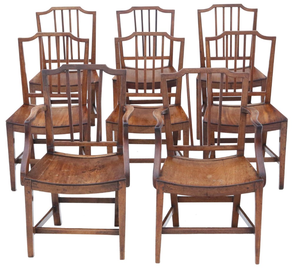Antique quality set of 8 (6 + 2) Early 19th Century mahogany elm kitchen dining chairs