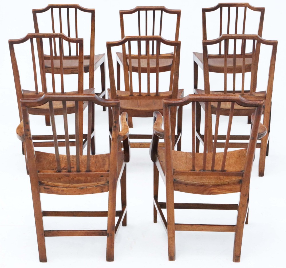Antique quality set of 8 (6 + 2) Early 19th Century mahogany elm kitchen dining chairs View II