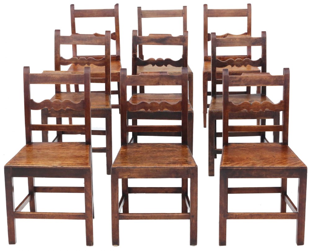 Antique quality matched set of 9 8 6 19th Century elm kitchen dining chairs