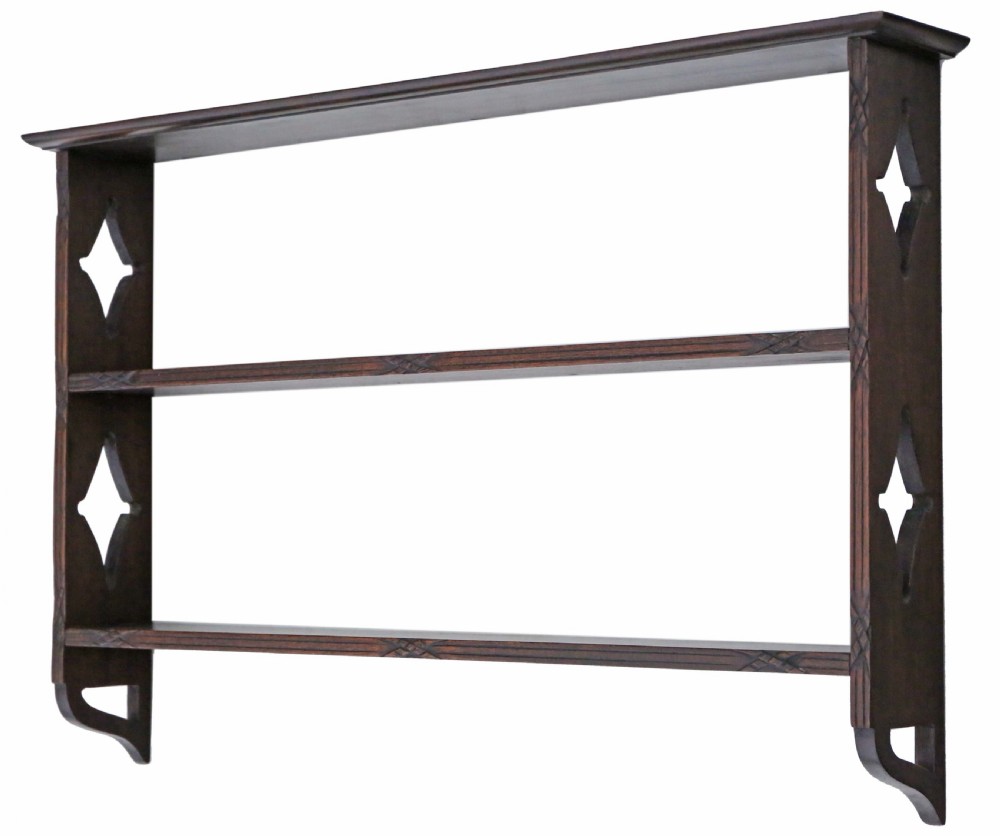 Antique mahogany carved fretwork wall bookcase display shelves C1900 View II