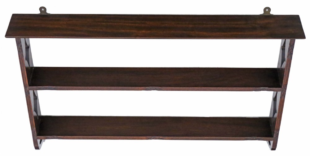 Antique mahogany carved fretwork wall bookcase display shelves C1900 View III