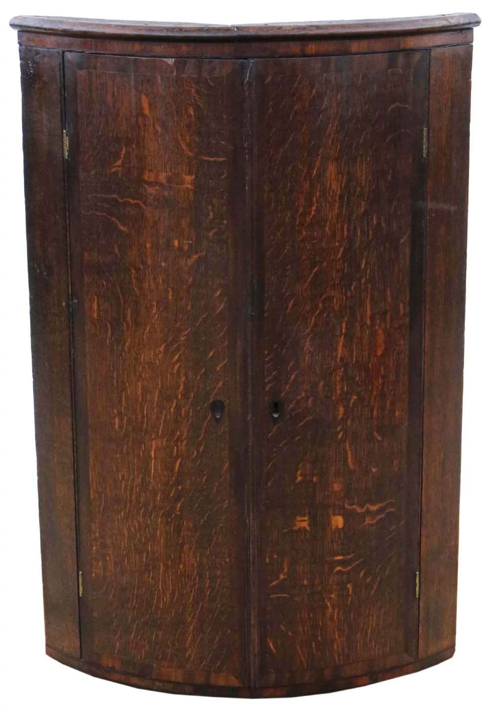 Antique quality 18th Century crossbanded oak barrel corner wall cupboard