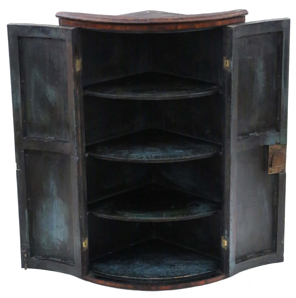Antique quality 18th Century crossbanded oak barrel corner wall cupboard View II
