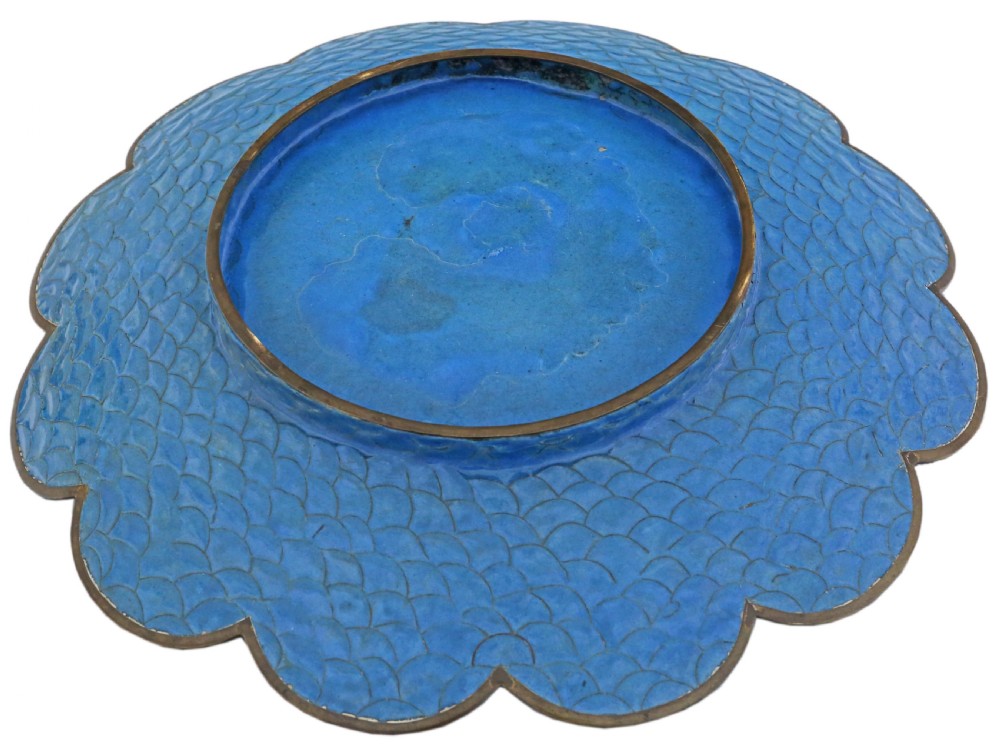 A large Japanese Meiji period scalloped cloisonne charger plate featuring a black central panel decorated with wisteria and birds, framed by intricate polychrome enamel outer borders. View VI