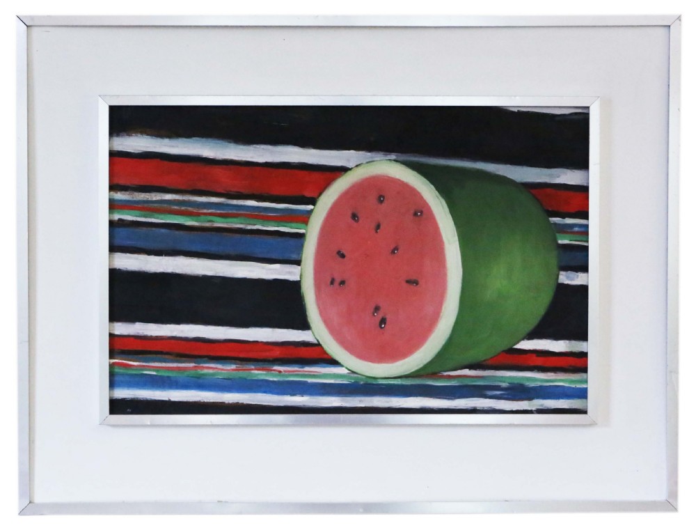 A mid-century style oil on board still life painting depicting a cut watermelon set against a boldly striped background, presented in a white mount and slim metal frame.