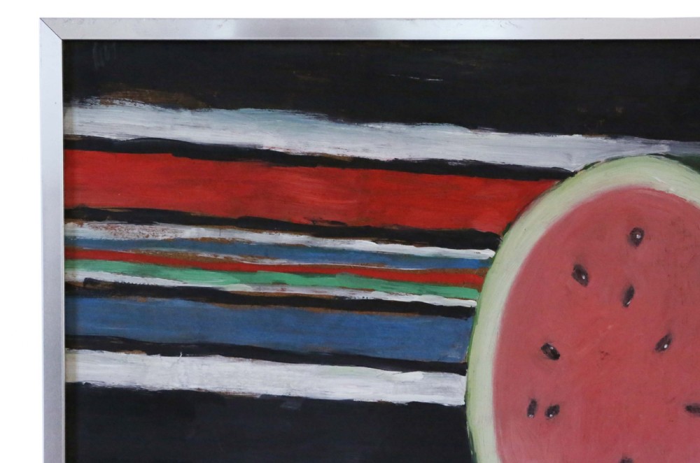 A mid-century style oil on board still life painting depicting a cut watermelon set against a boldly striped background, presented in a white mount and slim metal frame. View III
