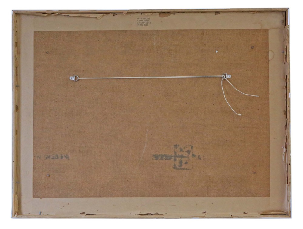 A mid-century style oil on board still life painting depicting a cut watermelon set against a boldly striped background, presented in a white mount and slim metal frame. View VI