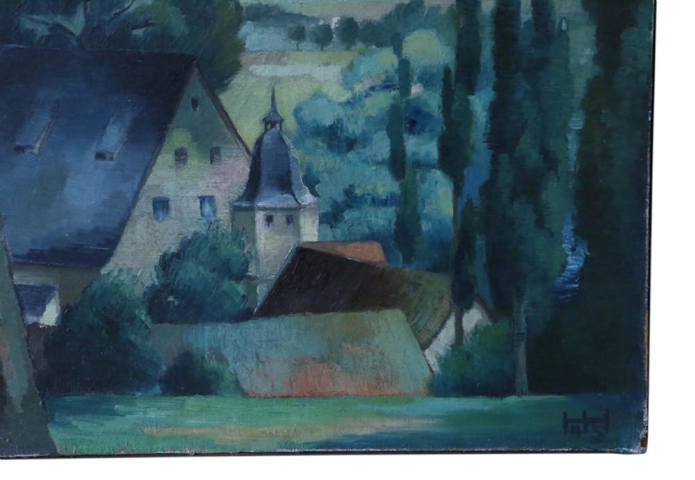 Large oil on canvas Painting Artwork by Hubert Haider 1945 Vintage Antique Bavarian Landscape View IV