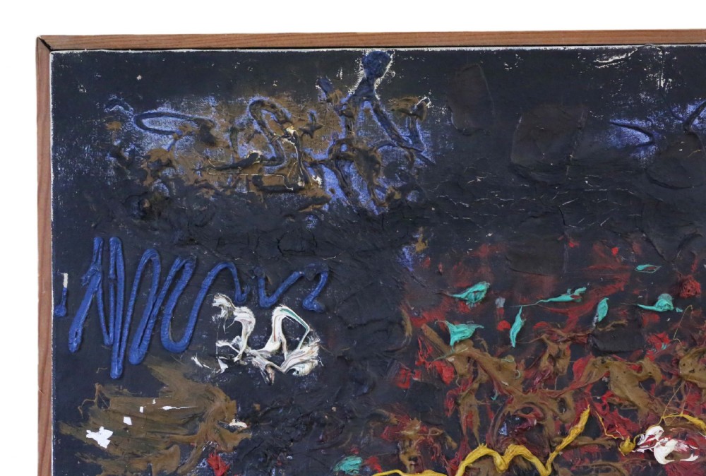 A rectangular mid-century abstract painting featuring heavy impasto paint relief in blue, yellow, red, and white across a dark textured background, enclosed in a slim wooden frame. View II