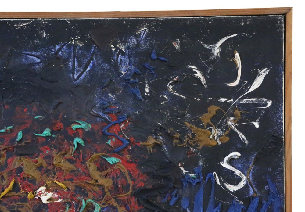 A rectangular mid-century abstract painting featuring heavy impasto paint relief in blue, yellow, red, and white across a dark textured background, enclosed in a slim wooden frame. View III