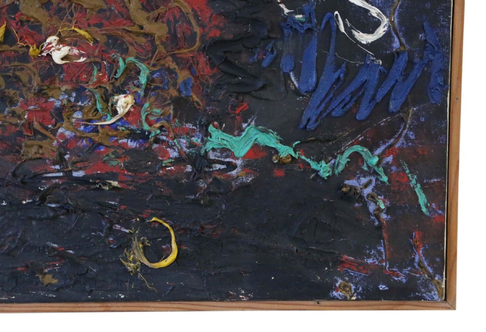 A rectangular mid-century abstract painting featuring heavy impasto paint relief in blue, yellow, red, and white across a dark textured background, enclosed in a slim wooden frame. View IV