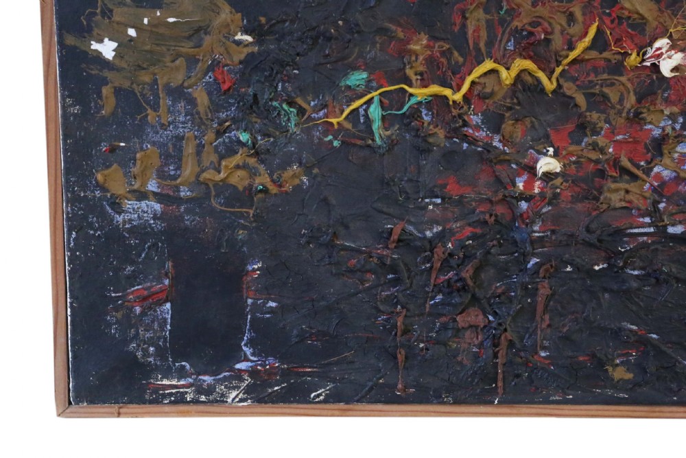 A rectangular mid-century abstract painting featuring heavy impasto paint relief in blue, yellow, red, and white across a dark textured background, enclosed in a slim wooden frame. View VI