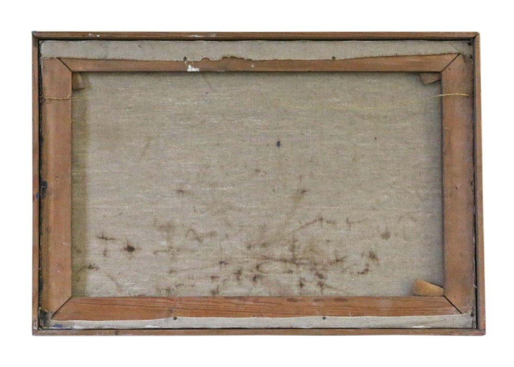 A rectangular mid-century abstract painting featuring heavy impasto paint relief in blue, yellow, red, and white across a dark textured background, enclosed in a slim wooden frame. View VII