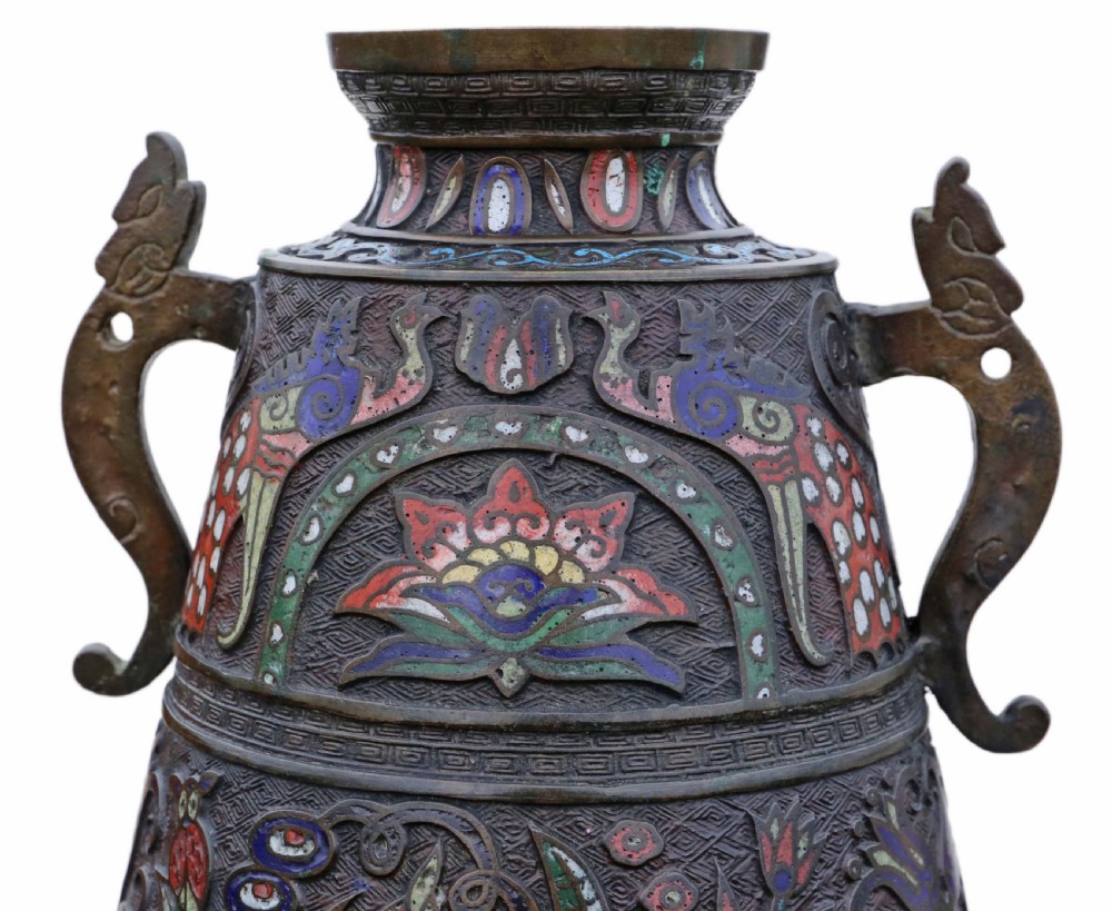 A baluster-shaped dark bronze vase featuring twin zoomorphic handles and colourful champleve enamel depictions of mythical birds and floral motifs. View IV