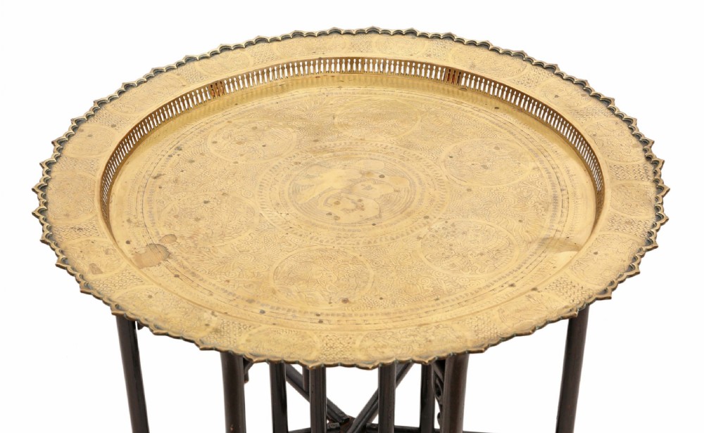 Antique quality very large oriental brass charger tray coffee table on ebonised stand C1920 View III