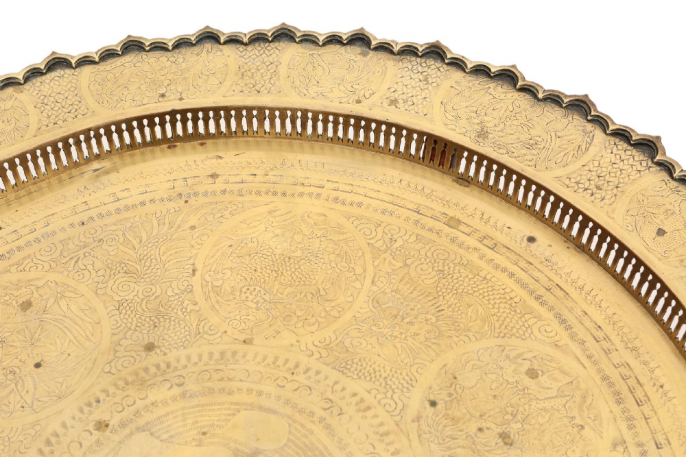 Antique quality very large oriental brass charger tray coffee table on ebonised stand C1920 View VI