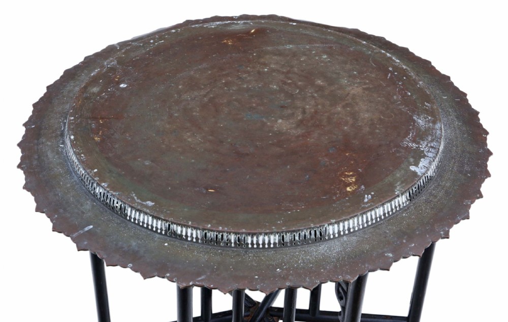 Antique quality very large oriental brass charger tray coffee table on ebonised stand C1920 View VIII