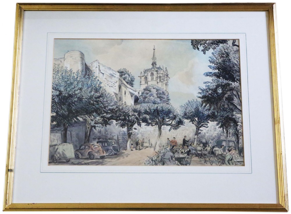 Large pen and wash Painting Artwork by Dennis Flanders C1950 Vintage Antique VW Beetle