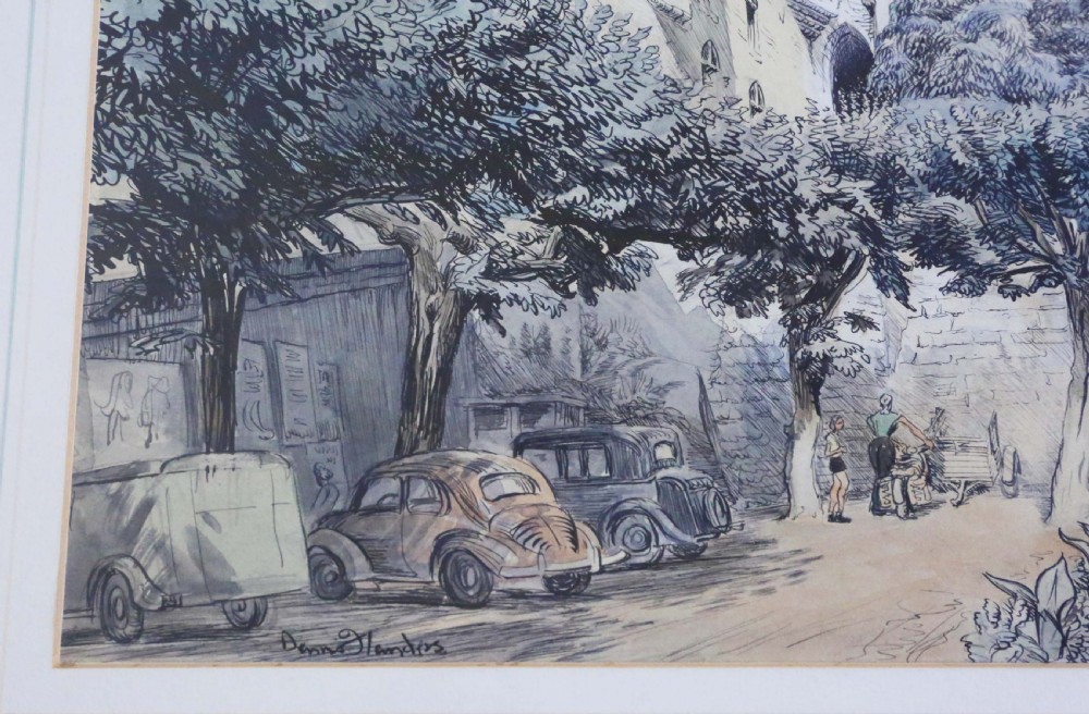 Large pen and wash Painting Artwork by Dennis Flanders C1950 Vintage Antique VW Beetle View II