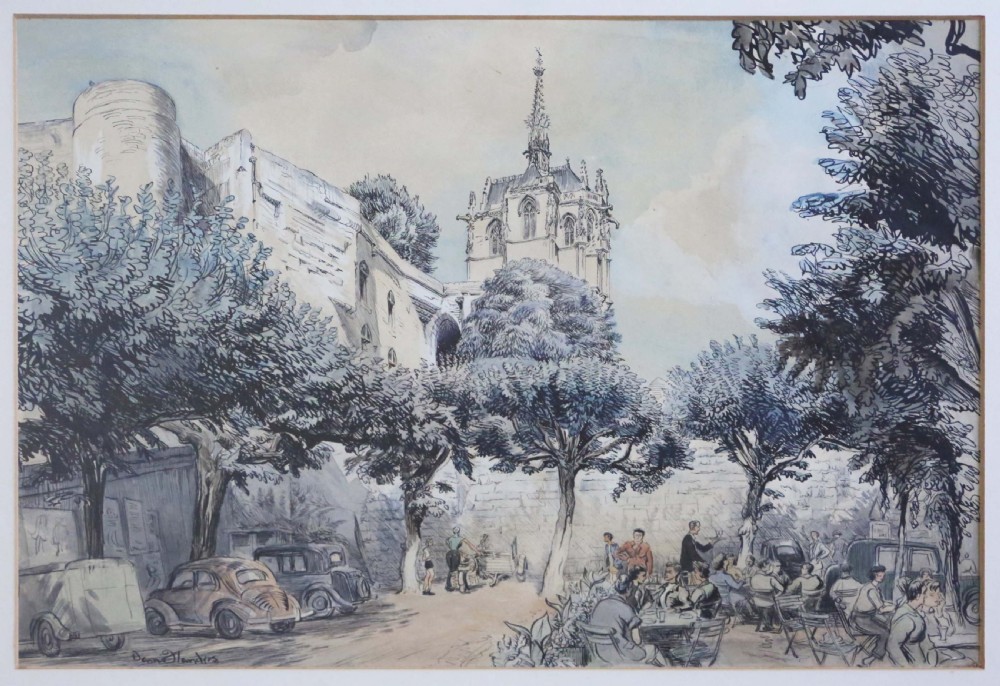 Large pen and wash Painting Artwork by Dennis Flanders C1950 Vintage Antique VW Beetle View III