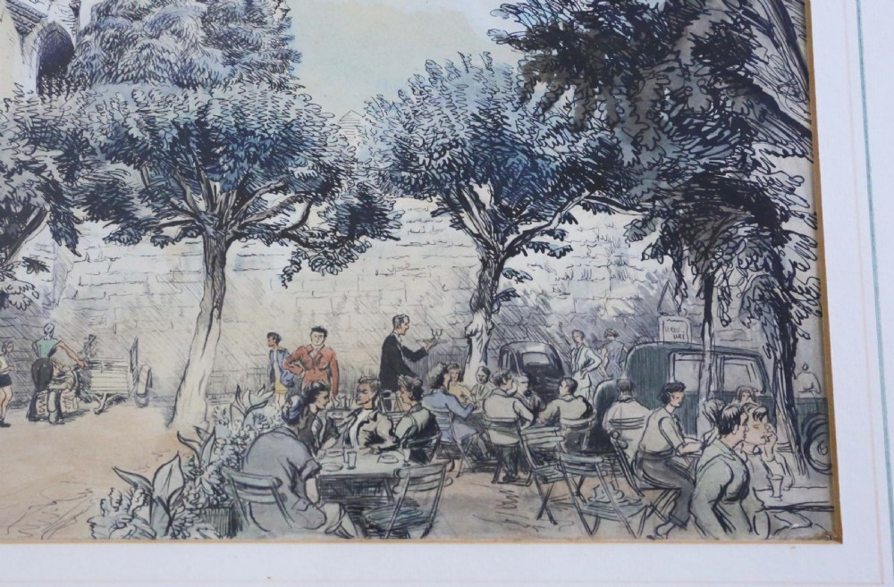 Large pen and wash Painting Artwork by Dennis Flanders C1950 Vintage Antique VW Beetle View IV