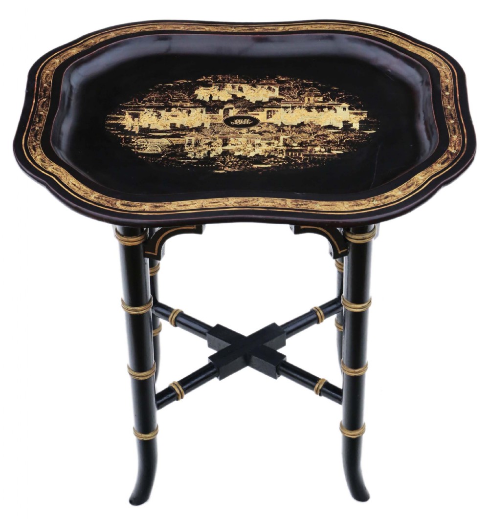 Antique Victorian C1880 boulle work papier-mâché tray on stand coffee wine table