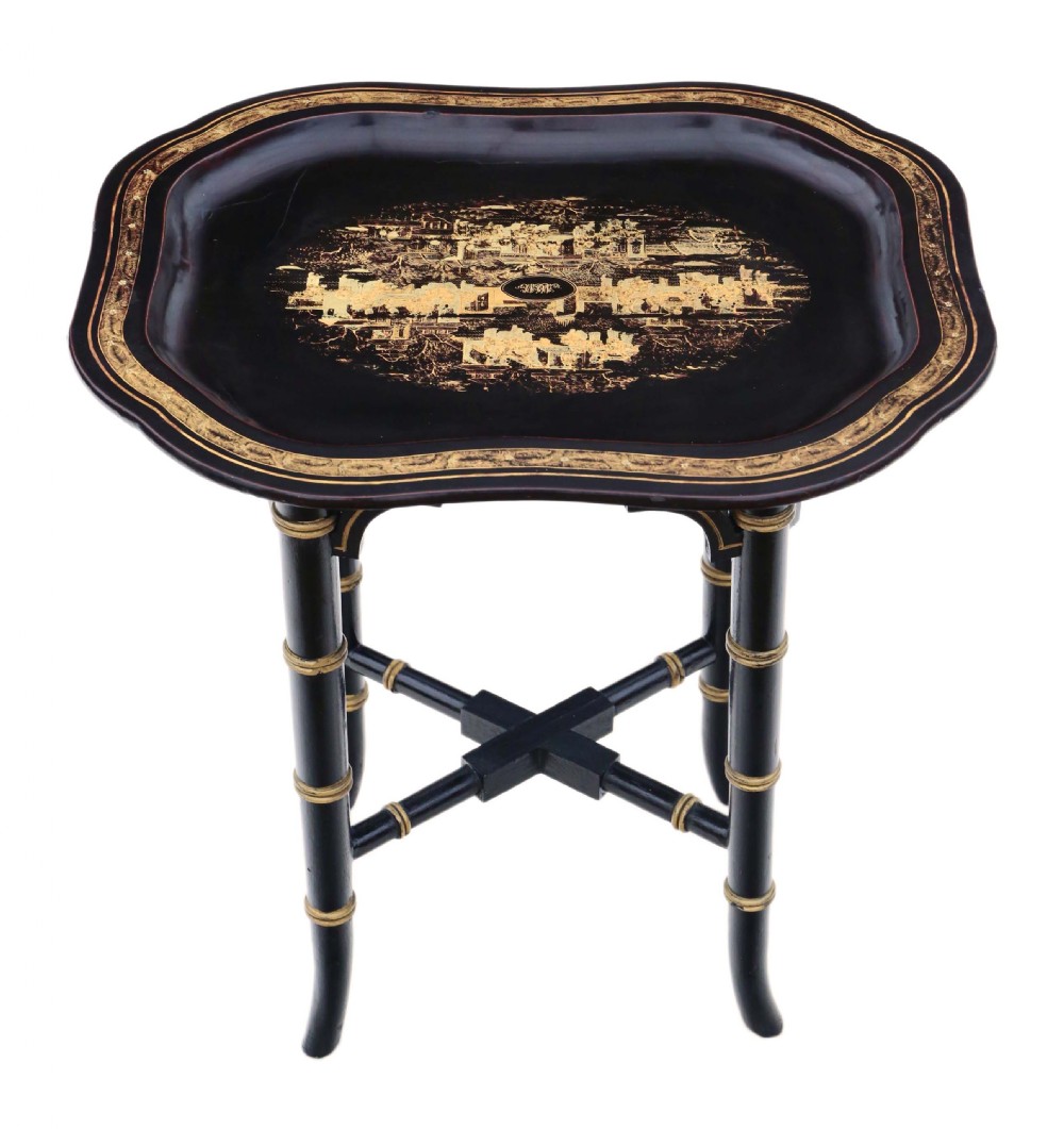 Antique Victorian C1880 boulle work papier-mâché tray on stand coffee wine table View III