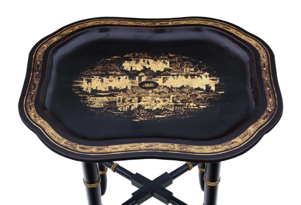 Antique Victorian C1880 boulle work papier-mâché tray on stand coffee wine table View IV