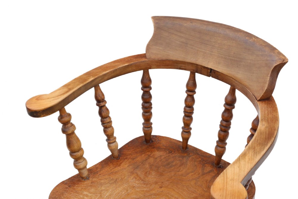 Antique quality elm and beech bow elbow desk chair Victorian C1890 View III