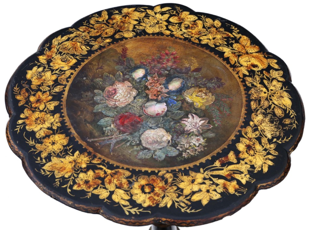 Antique Victorian C1880 hand decorated papier mache tilt top supper and wine table View V