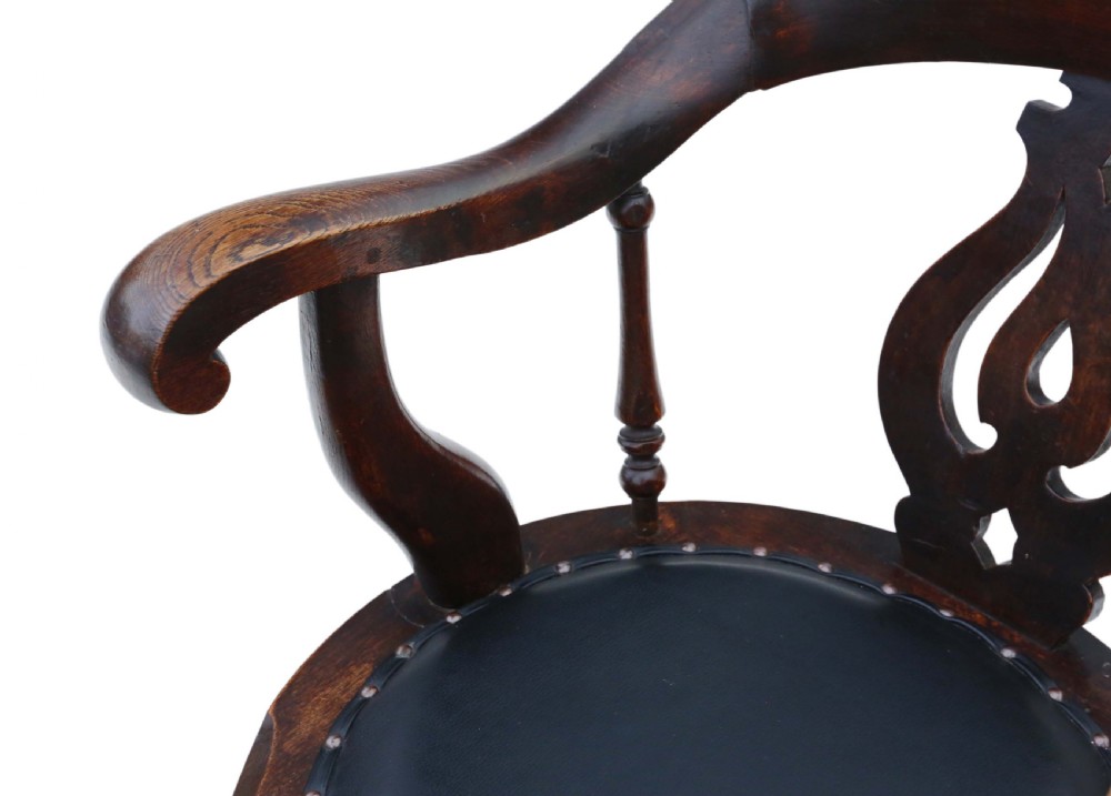 Antique fine quality Victorian C1880 oak and leather swivel office desk chair View VI