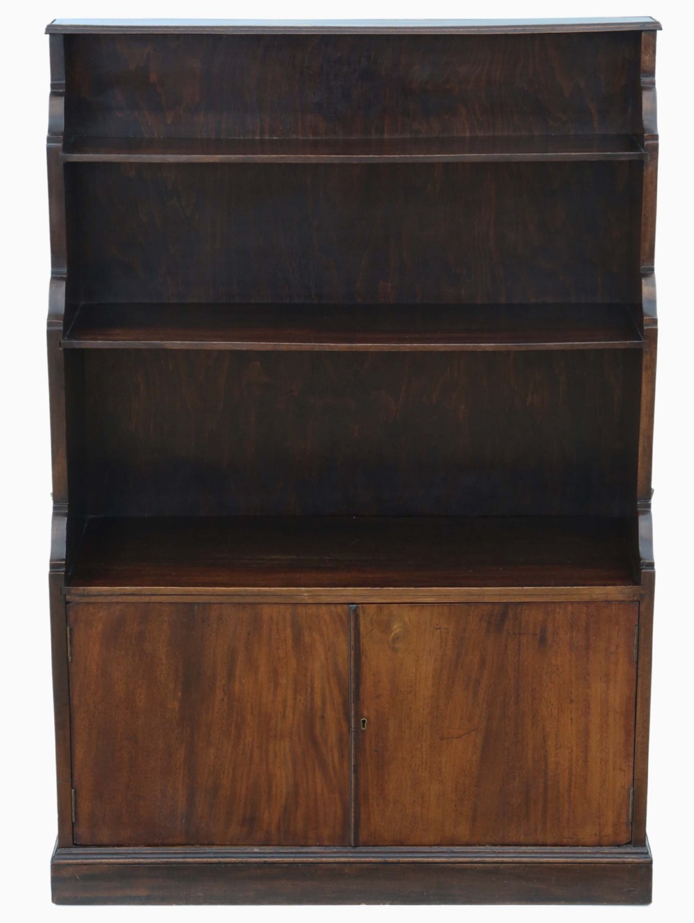 Antique quality C1920 mahogany campaign waterfall bookcase