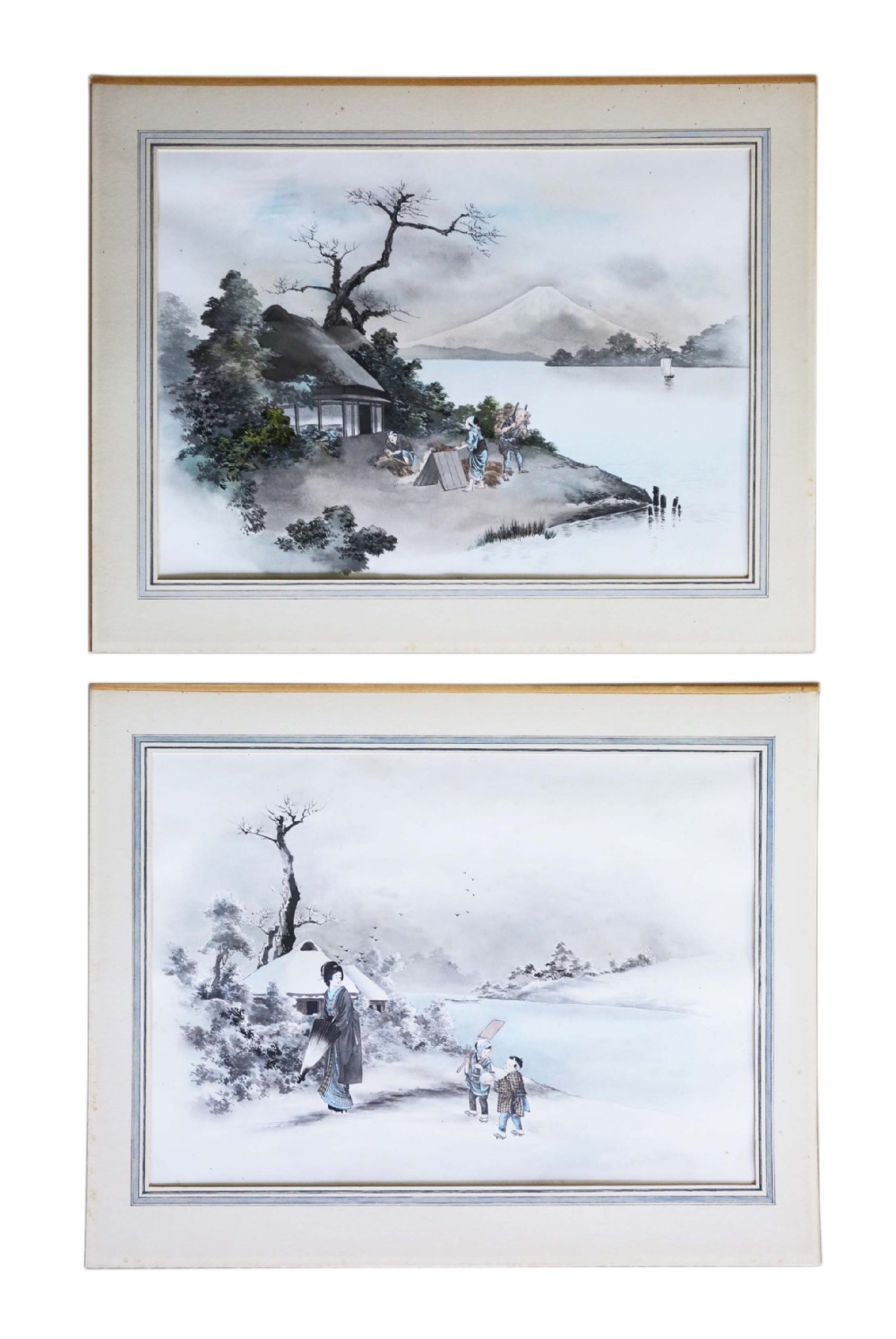 Quality large pair of antique Japanese ink and watercolour paintings C1910