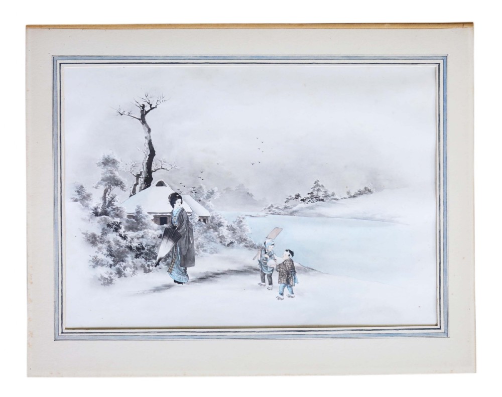 Quality large pair of antique Japanese ink and watercolour paintings C1910 View II