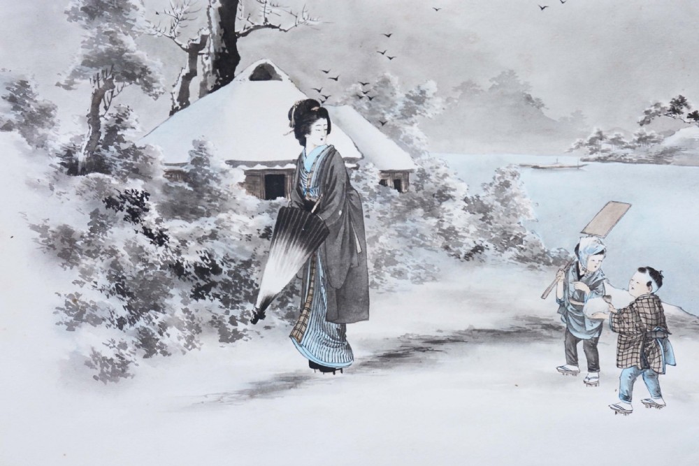 Quality large pair of antique Japanese ink and watercolour paintings C1910 View IV