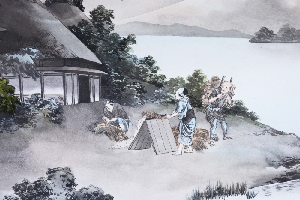 Quality large pair of antique Japanese ink and watercolour paintings C1910 View V