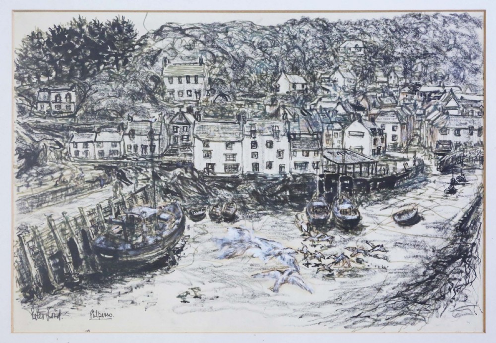 Large pen and wash Painting Artwork Polperro Harbour by Peter Ford C1960-70 Vintage Antique View II