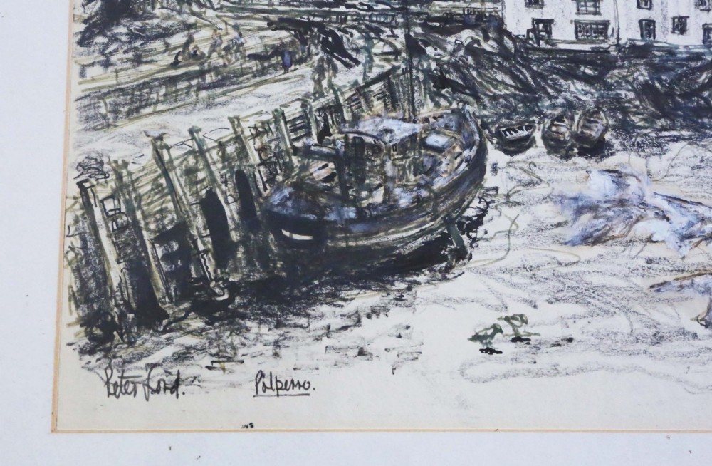 Large pen and wash Painting Artwork Polperro Harbour by Peter Ford C1960-70 Vintage Antique View III