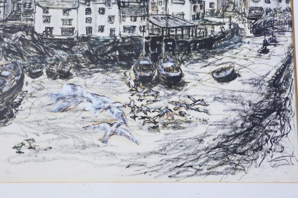 Large pen and wash Painting Artwork Polperro Harbour by Peter Ford C1960-70 Vintage Antique View IV