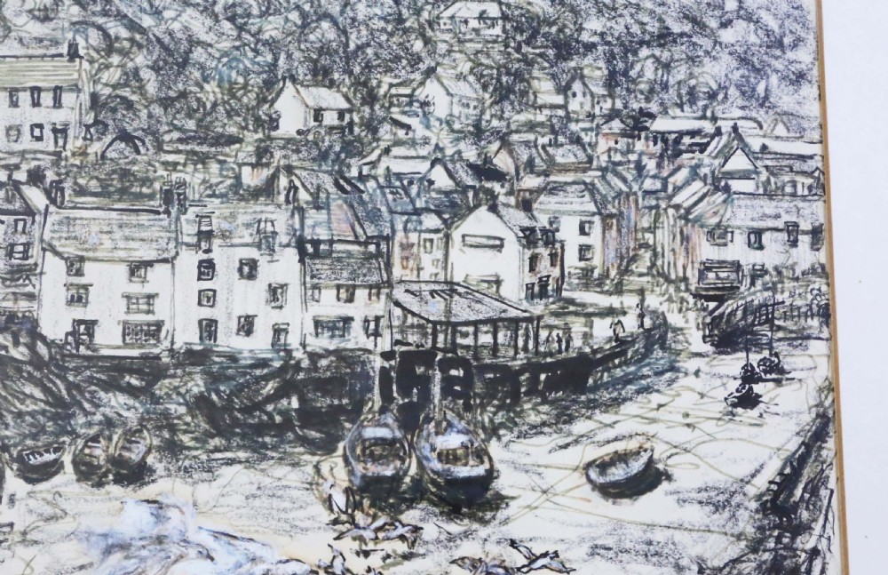 Large pen and wash Painting Artwork Polperro Harbour by Peter Ford C1960-70 Vintage Antique View V