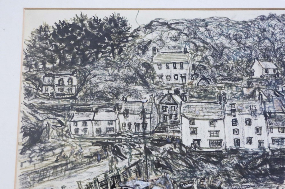 Large pen and wash Painting Artwork Polperro Harbour by Peter Ford C1960-70 Vintage Antique View VI