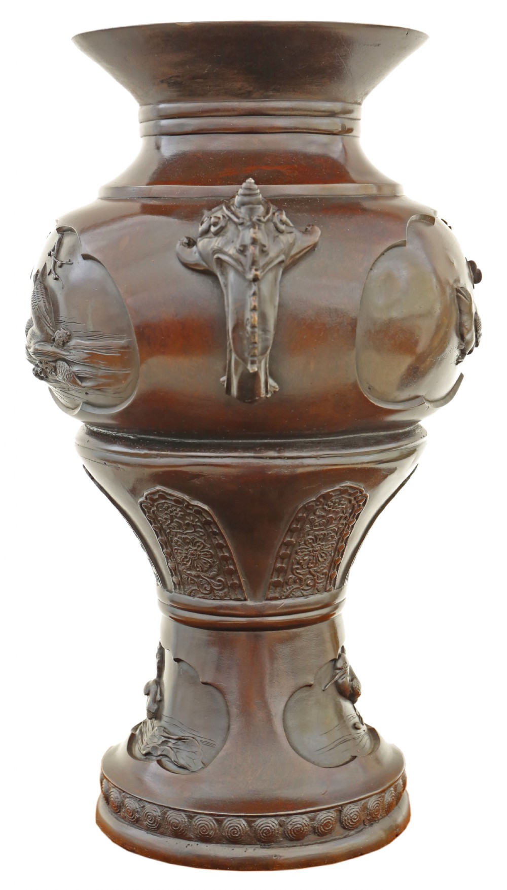 A large 19th-century Japanese Meiji period patinated bronze urn featuring relief-carved avian panels, twin beast-head handles, and a stepped circular pedestal base. View III