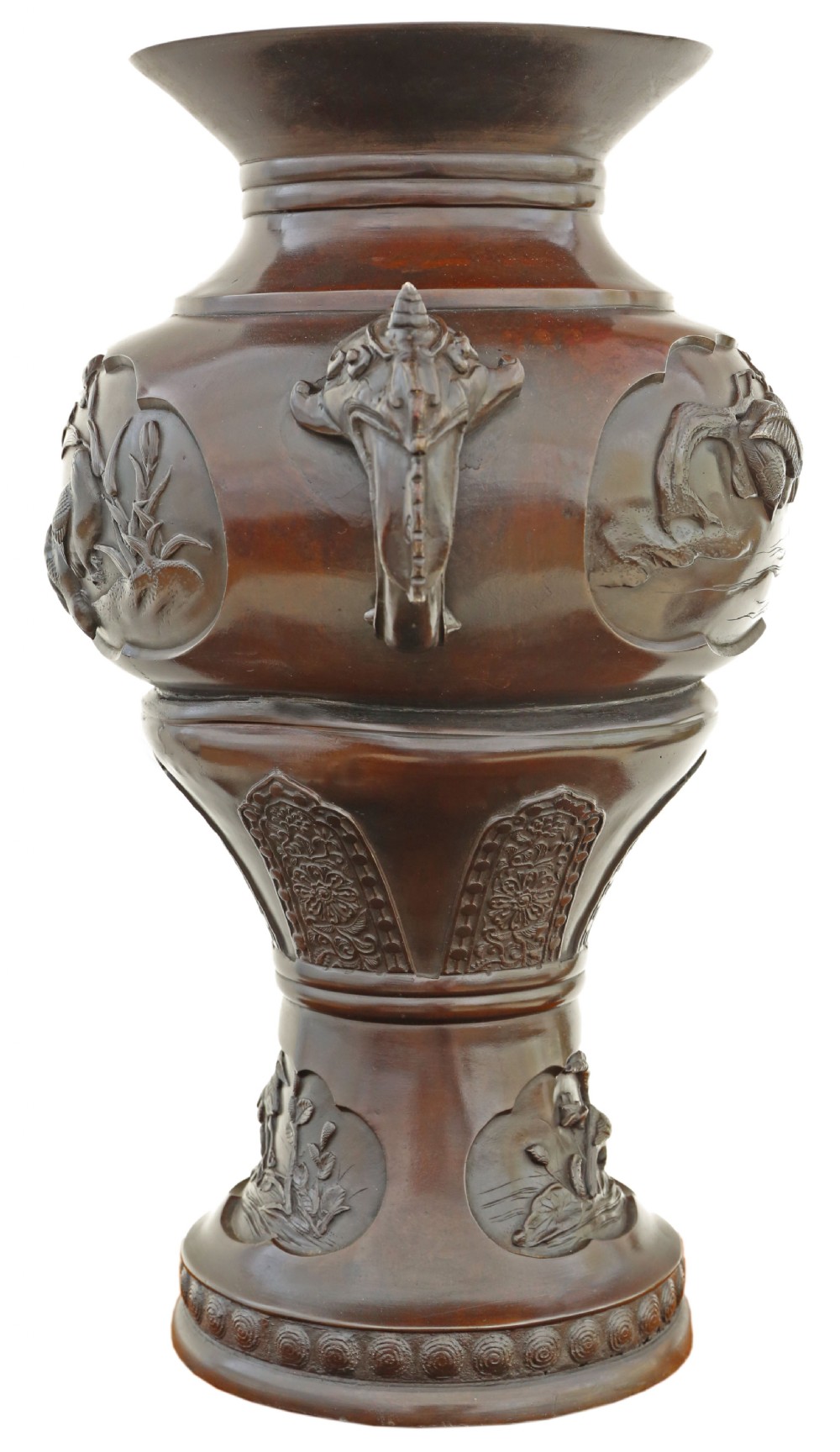 A large 19th-century Japanese Meiji period patinated bronze urn featuring relief-carved avian panels, twin beast-head handles, and a stepped circular pedestal base. View IV