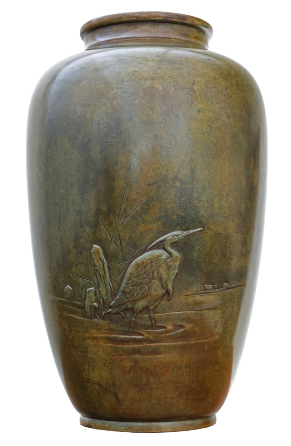 A Japanese Meiji period bronze vase featuring a relief-carved heron standing among aquatic reeds against a patinated dark brown surface.