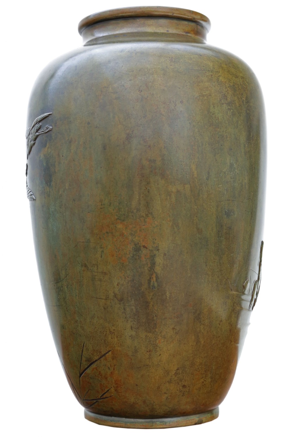 A Japanese Meiji period bronze vase featuring a relief-carved heron standing among aquatic reeds against a patinated dark brown surface. View II